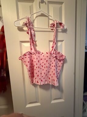 crown & ivy Pink Strawberry Smocked Crop Top with Tie Straps NWT